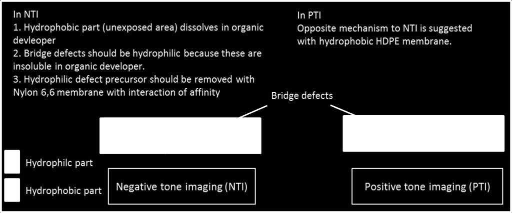 In NTI, the defects should be hydrophilic because they are insoluble in hydrophobic n-butylacetate developer, therefore these hydrophilic defect precursors should be more adsorbed on Nylon 6,6