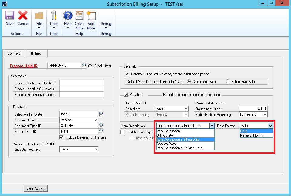 When adjusting the Item Description in Subscription Billing Setup on the Billing tab to include Billing Date or Service Date you can now set the Date Format for the date being included in the Item