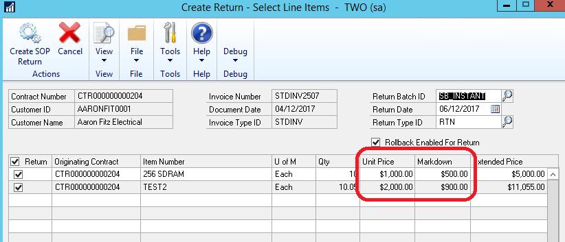 2. Improved Create Returns option in Subscription Billing Document History to Edit Unit Price and Markdown amounts.