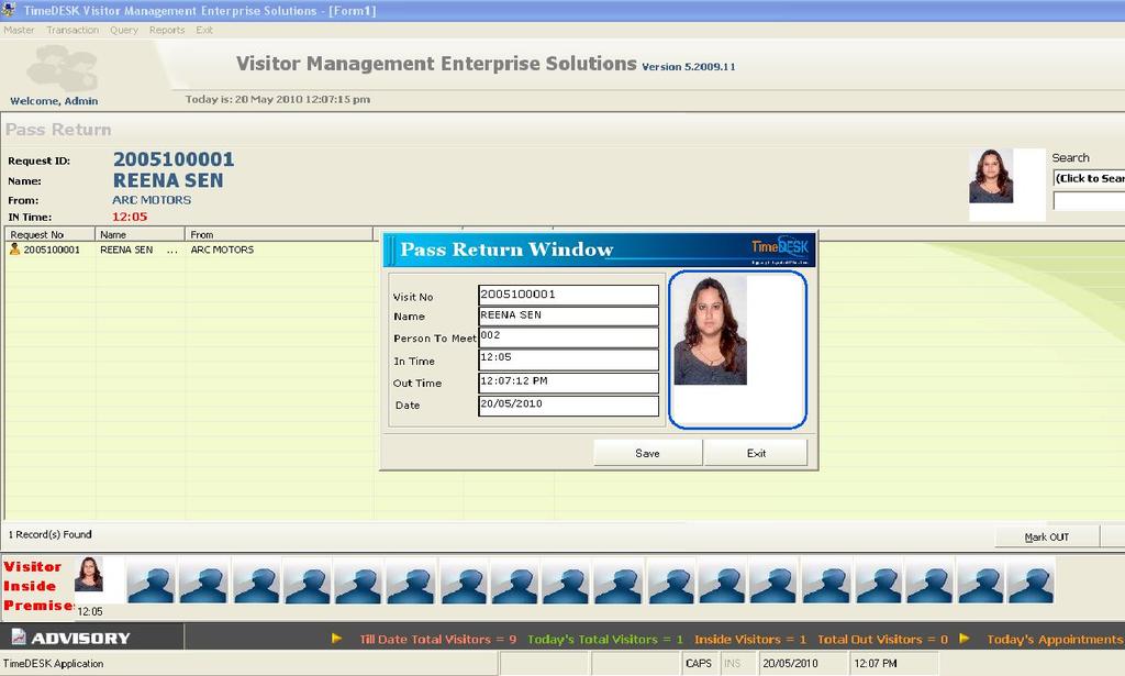 PASS RETURN This screen is used to automatically mark the OUT Time of the visitor who leaves the