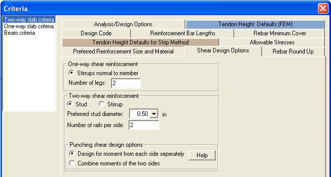 1.3.1.6 Specify Shear Design Options The shear design options are listed in a separate tab. For one-way shear (beams and oneway slabs), the program uses stirrups (links, ties), where needed.