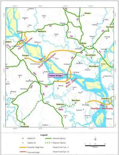 Map of 4 Padma Bridge Crossing Alternatives Three crossing options were considered to support the 400 kv Mongla to Aminbazar TL which is part of the Project. The options were: 1.