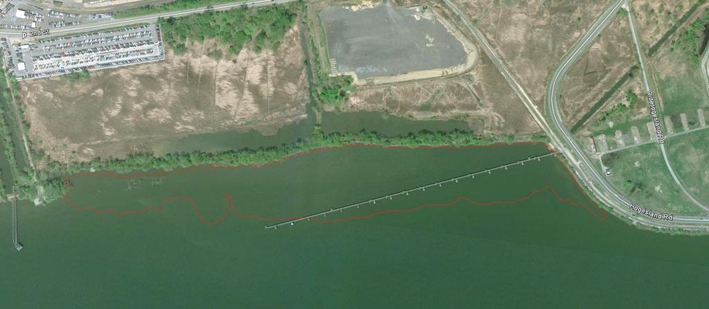 Aerial 1: Project area captured at low tide, exposing the extent of regulated tidal wetlands, shown outlined in red.