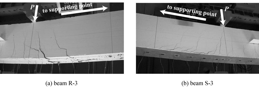 Figure 4 Comparison of axial strain distribution of AFRP rod/sheet among experimental and analytical results Figure 5 Cracking of beam at the time of rod/sheet debonding for beams R/S-3 Therefore, it