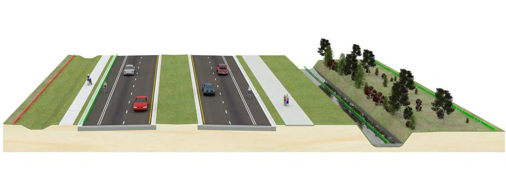 ALTERNATIVE 1 - CANAL AVOIDANCE URBAN 4 LANE WITH 7ft BUFFERED BIKE LANE PROPOSED R/W VARIES 17-80 EXIST.