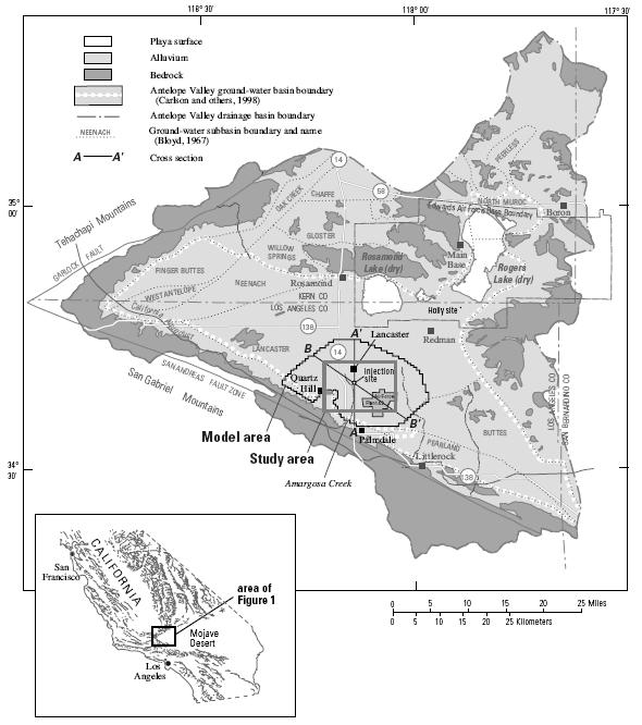Figure 4-1. Map showing the location of Antelope Valley and the model domain. Figure from Phillips et al. (2003) The Antelope Valley groundwater basin was defined by Carlson et al. (1998).