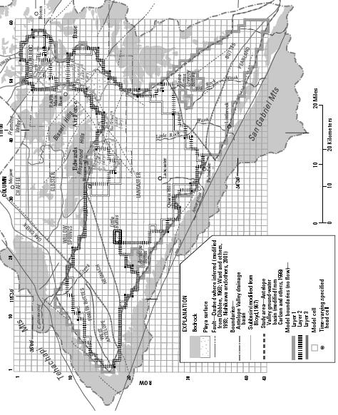 Figure 4-2. AV model grid and boundaries, from Leighton and Phillips (2003) The results of the calibrated model showed that groundwater storage declined by more than 8.