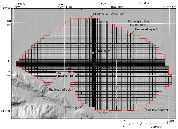 Figure 4-3. Active region of the LAN model grid, in the Lancaster subbasin of Antelope Valley; figure from Phillips et al.