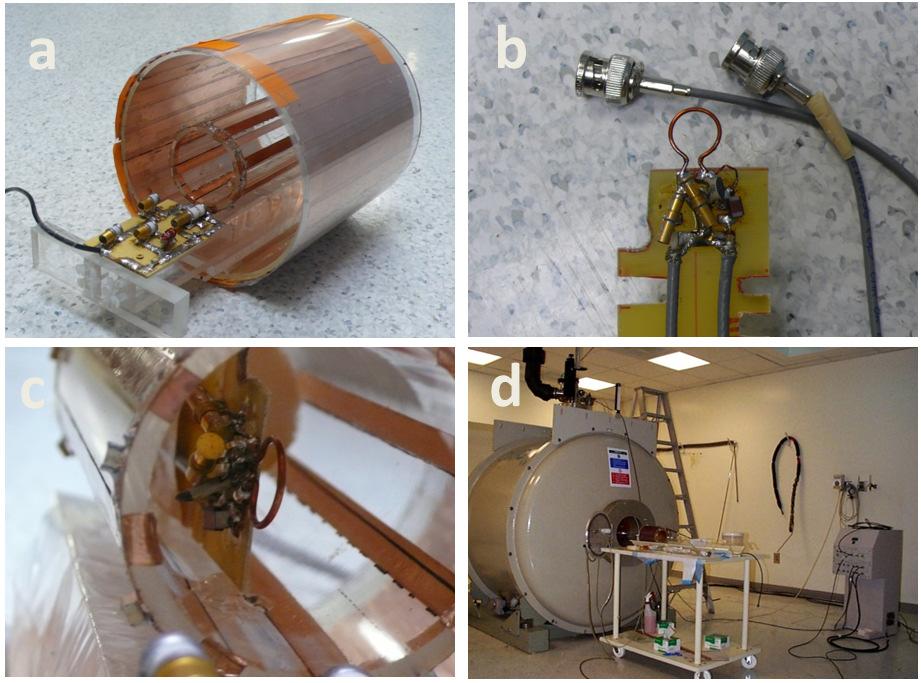 Figure 2.3 Photographs of RF coils and 4.7 T small animal scanner. (a) Double-tuned high pass birdcage coil of 50 mm in diameter placed in a copper shield with a diameter of 135mm.