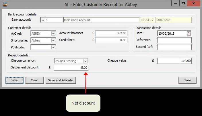 Allocation When you allocate the receipt to the invoice, the total receipt value will be less than the invoice value.