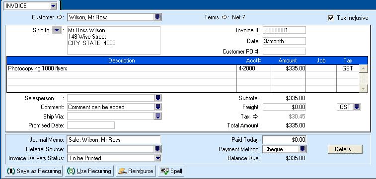 (vi) Press TAB to display the Accounts List and select the appropriate account from the list. [4-2000 Sales - Photocopying] Or click on this Search Icon and select Sales Photocopying from the list.