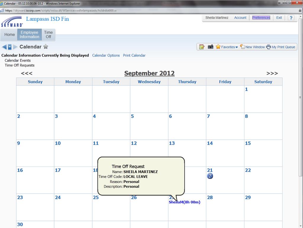 Once you select the calendar, you will be able to view any leave taken.