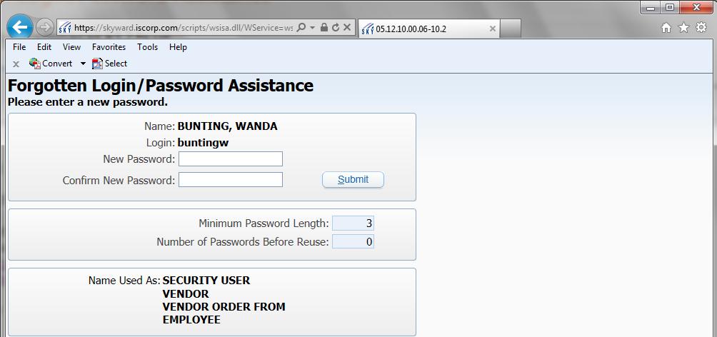 Once you enter your new password and confirm your new password, click submit. Then click ok on the pop up window.