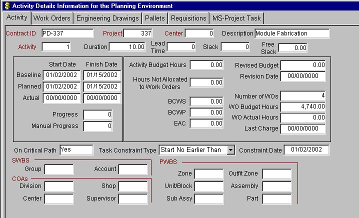 The Planning Activity Detail data window has