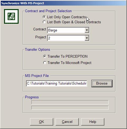 1. Select Environment/ Planning & Scheduling/ Synchronize Schedules to MS Project from the main menu. 2.