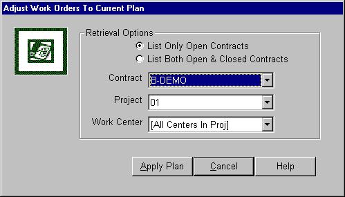 1. Select the Contract, Project, and Work Center you wish to reschedule 2. Now click on the Apply Plan button. The system will now update the work orders attached to activities.