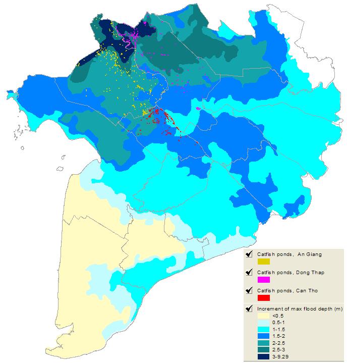 Result 2: Potential Impacts in the MRD Areas subjected to increments of maximum flooding depths during the rainy season (for 50-cm SLR scenario), superimposed with catfish pond areas in An Giang,