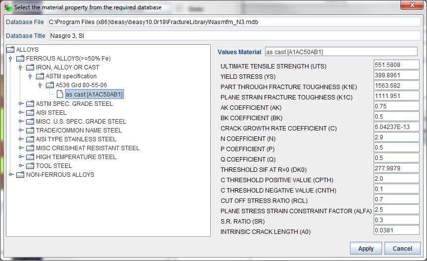 NASGRO material property database is in software User defined values can be added to the model Tabulated