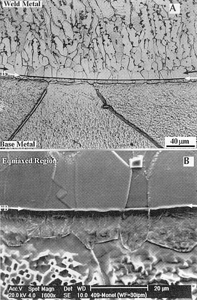 Figure 7.6 Fusion boundary microstructure in 409 ferritic stainless steel (bcc) welded with Monel filler wire (fcc): (a) optical micrograph; (b) scanning electron micrograph.