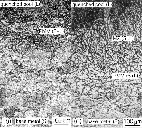 WELD METAL NUCLEATION MECHANISMS 179 Figure 7.11 Weld pool of 2219 aluminum quenched during GTAW: (a) overall view; (b) microstructure at position 1; (c) microstructure at position 2.