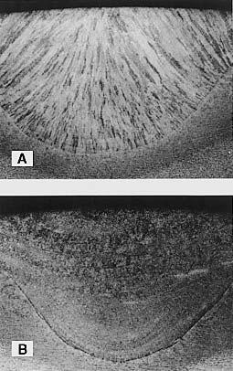 GRAIN STRUCTURE CONTROL 189 Figure 7.22 Effect of inoculation on grain structure in submerged arc welds of C Mn steel (magnification 6 ): (a) without inoculation; (b) inoculation with titanium.