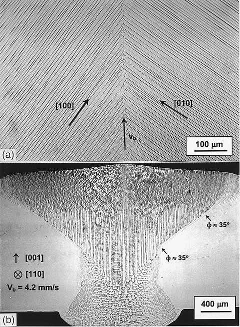 DENDRITE AND CELL SPACING 205 Figure 8.9 Electron beam weld of single crystal of pure Fe 15Cr 15Ni made in a [110] direction on a (001) surface: (a) top cross section; (b) transverse cross section.