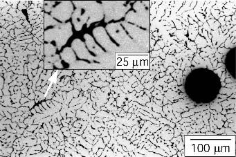 252 WELD METAL CHEMICAL INHOMOGENEITIES Figure 10.10 Porosity in aluminum weld showing both spherical and interdendritic gas pores. One interdendritic pore is enlarged for clarity. shrinkage (21).