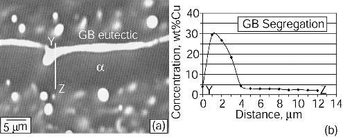 316 FORMATION OF THE PARTIALLY MELTED ZONE Figure 12.14 Grain boundary segregation in PMZ of 2219 aluminum weld: (a) electron micrograph; (b) composition profile. Reprinted from Huang and Kou (2).