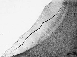 HYDROGEN CRACKING 413 Figure 17.18 Underbead crack in a low-alloy steel HAZ (magnification 8 ). Reprinted from Bailey (27). Figure 17.19 Hydrogen cracking in a fillet weld of 1040 steel (magnification 4.