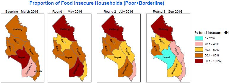 Despite the reduced number of food insecure households, in Napak, 89% of the households with debts borrowed primarily to buy food (60%).