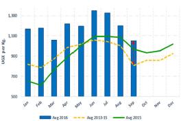 Average retail price for maize reduced by 12% in September compared to August 2016, while Market prices for Sorghum declined by 17%.