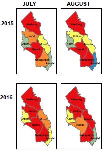 Lean Season Harvest Season Source: WFP's ProMIS Admission Trends by District January-August; 2015/2016 Since June, the number of new Admissions to SFP is falling.