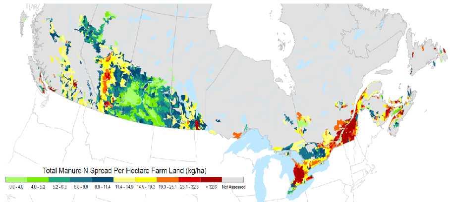 Manure intensity map of Canada showing study location, Lower