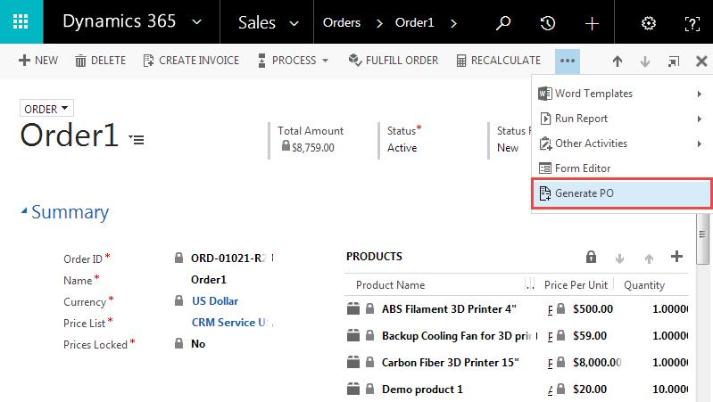 Generate Purchase Order After adding the products, to generate the Purchase Order click on Generate PO which is available at more options on the CRM ribbon as shown below: Clicking on Generate PO