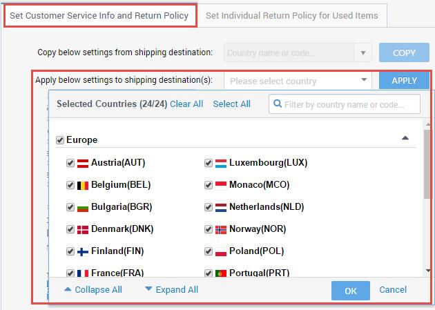 Apply below settings to shipping destination(s). Copy the current setting to additional countries.