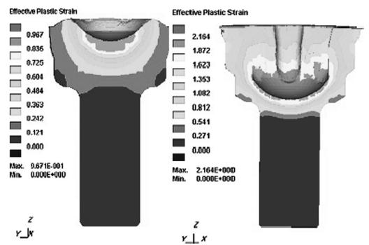 Figure 4. effective plastic strain in 50% of course and at the end of deformation The pre-form obtained from the second operation is assumed to be satisfactory as preparation for the next operation.