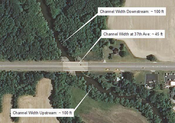 Channel Conveyance Channel narrows significantly at 37 th Avenue Bridge crossing. Eliminating restriction could lower peak water surface elevations by up to 0.