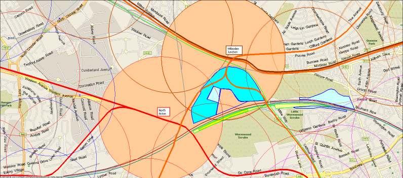NOW (2011) Old Oak Central area Circles show 1 kilometre radius from station entrances = approximate walking catchment (actual catchment will depend on streets/paths).