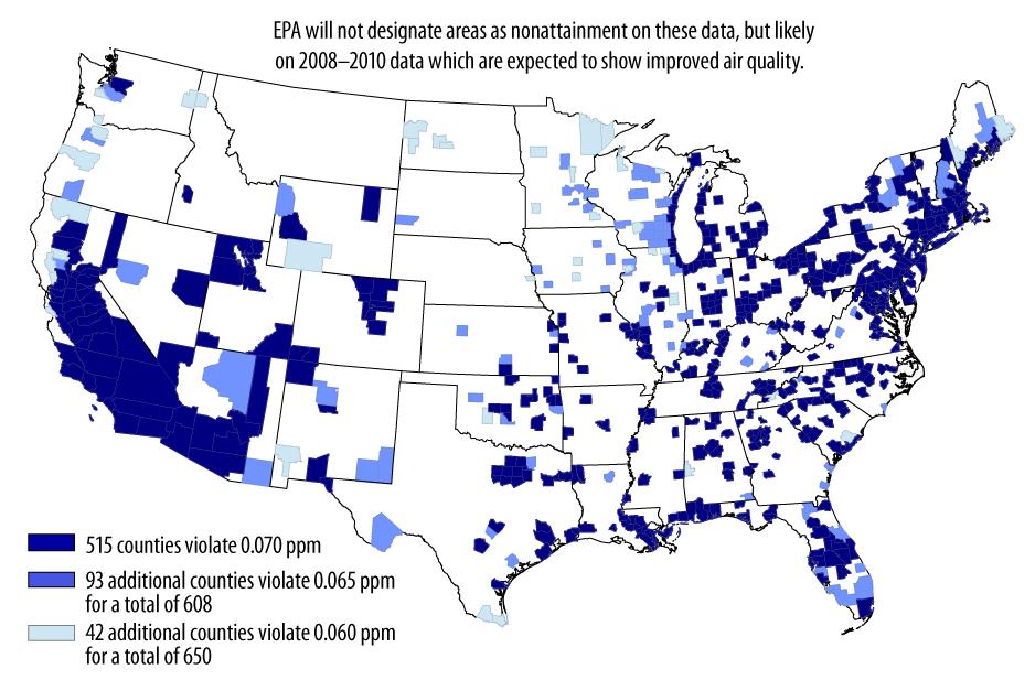 Figure 3. Counties With Monitors Violating Proposed Primary 8-hour Ground-level Ozone Standards, 0.060-0.070 parts per million (Based on 2006 2008 Air Quality Data) Source: U.S. EPA Notes: (1) No monitored counties outside the continental U.
