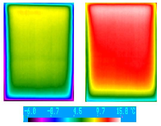 Figure 12. Thermogram of double-glazed clear window with an aluminum spacer (left) and double-glazed low-e window with an insulating spacer (right).