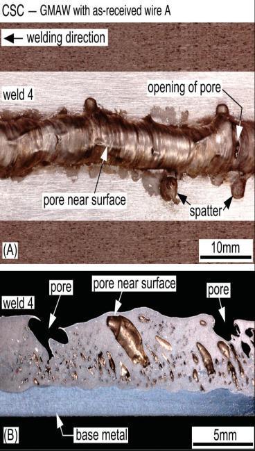 Fig. 6- Porosity-Free Weld Made By Conventional GMAW With Welding Wire A Cleaned With Sandpaper Before Welding. A -Top View B -Longitudinal Cross Section Fig.