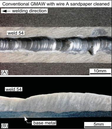 The as-received welding wire was clean, free of any dark surface. However, welds made after welding wire B had been exposed to air for a few months show considerable porosity, as can be seen in Fig.