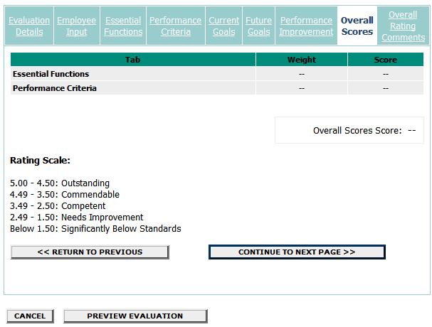 The system determines an overall score based on the rating fields selected by the Supervisor. Separate ratings are assigned for Essential Functions and Performance Criteria.