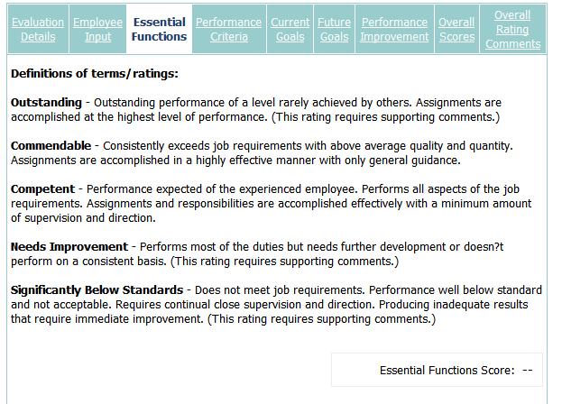 On the Essential Functions tab, click the Edit link listed below Description of job responsibility/duty to provide a rating for