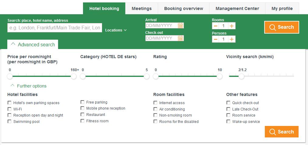 Hotel search Advanced search Filter your hotel results according to your needs using the Advanced search. Entry of min.