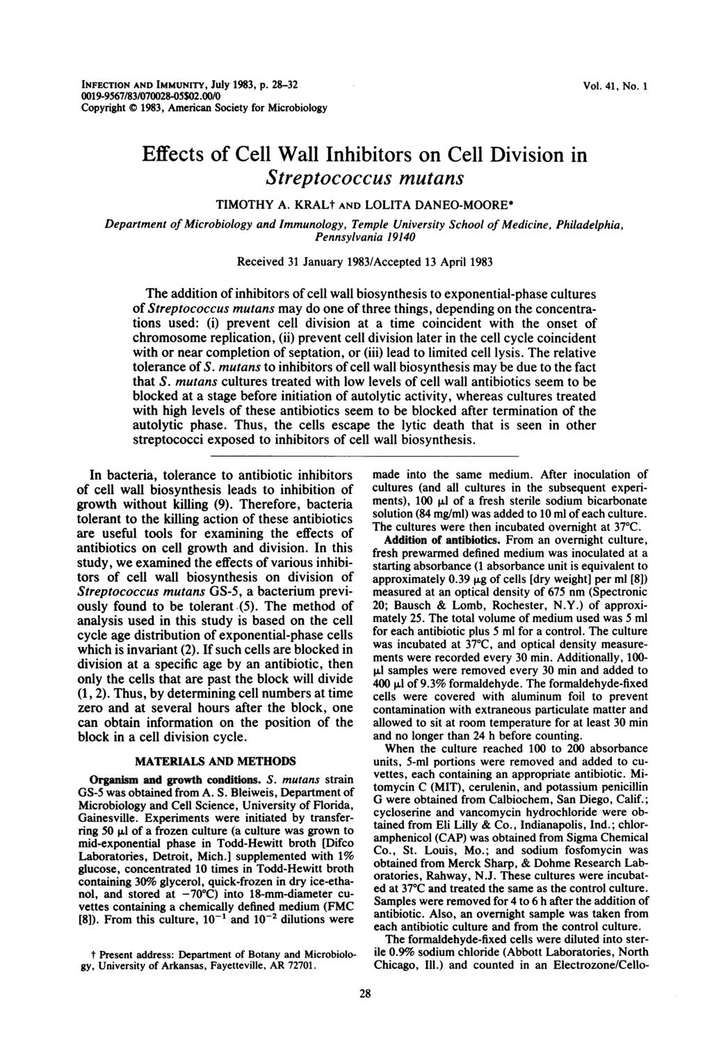 INFECTION AND IMMUNITY, July 1983, P. 28-32 19-9567/83/728-5$2./ Copyright 1983, American Society for Microbiology Vol. 41, No.