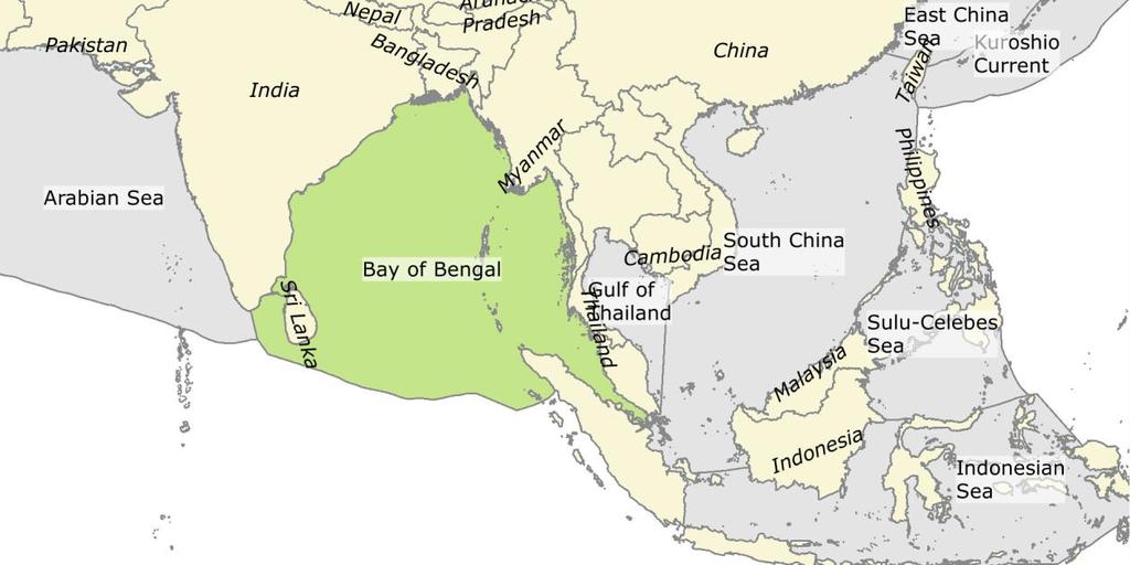 LME 34 Bay of Bengal Bordering countries: Bangladesh, India, Indonesia, Malaysia, Maldives, Myanmar, Sri Lanka, Thailand.