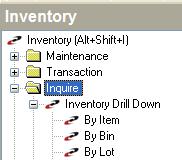 Inquire screens Inventory Drill Down by Item Quantity on Hand by Bin Tab Inventory