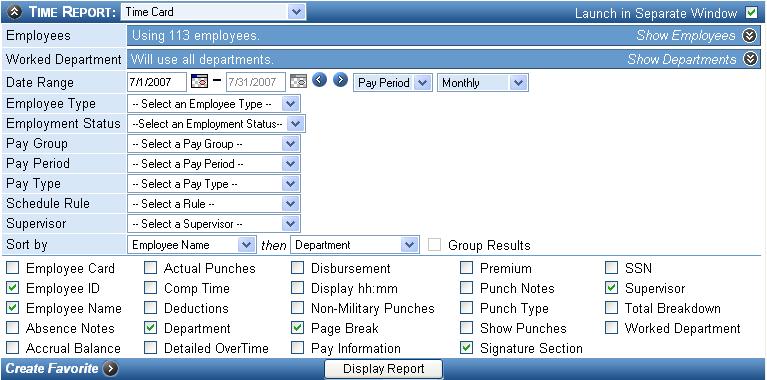 End of Pay Period Procedures Report Criteria: The Report Criteria screen opens when you click on the report name from the main "Reports" section of the software.