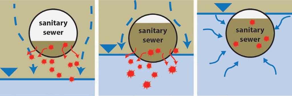 in 2000. That sampling found that high concentrations of fecal coliform bacteria were found in groundwater samples from test wells in areas where sewer pipes were situated above the water table.